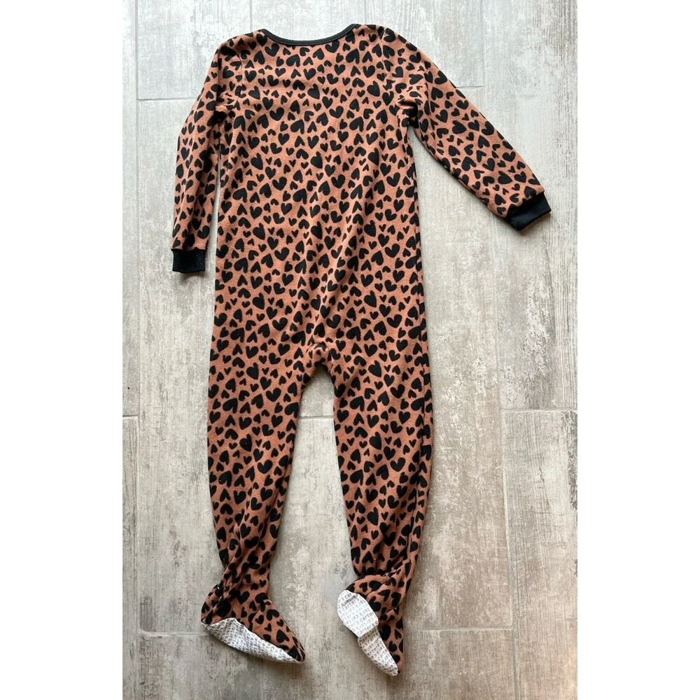Girls Fleece Leopard Hearts PJs Pajama One Piece Footed Sleeper Zip Cozy 6
